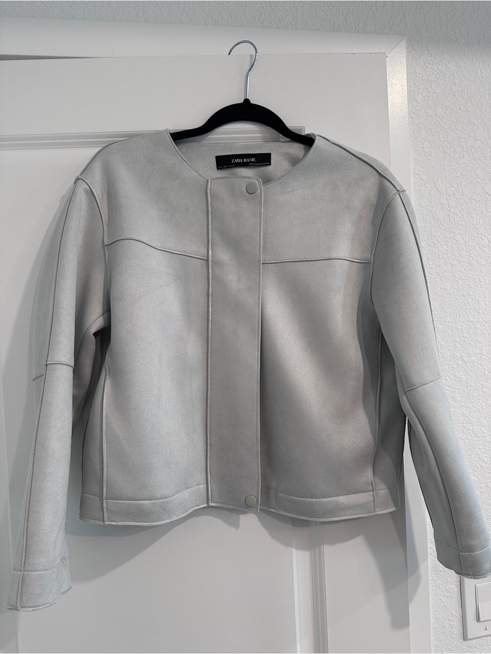 Zara Basic Jacket Gray Faux Suede Collarless Zip Moto Jacket Size L